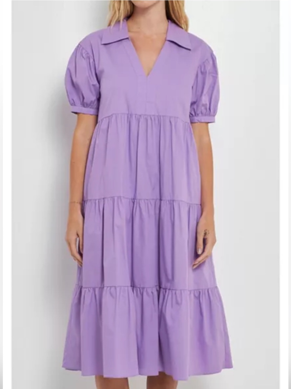 English Factory Women’s Tiered Midi Dress XS V Neck Pockets Lined Purple